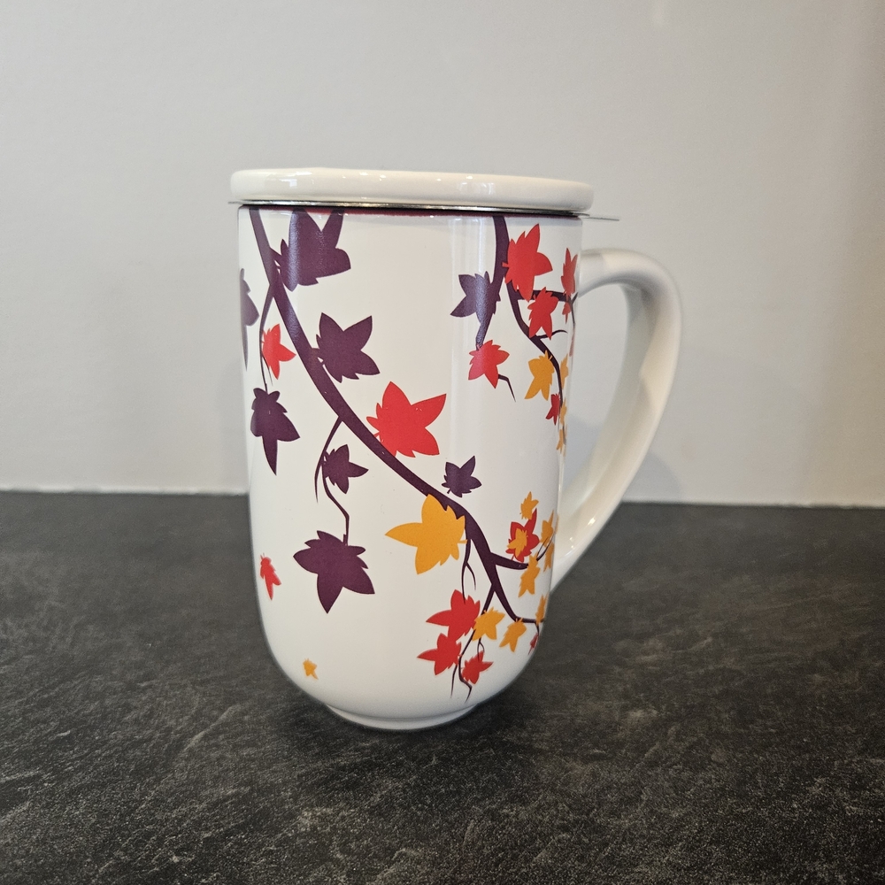 White Ceramic Mug with Autumn Leaf Design